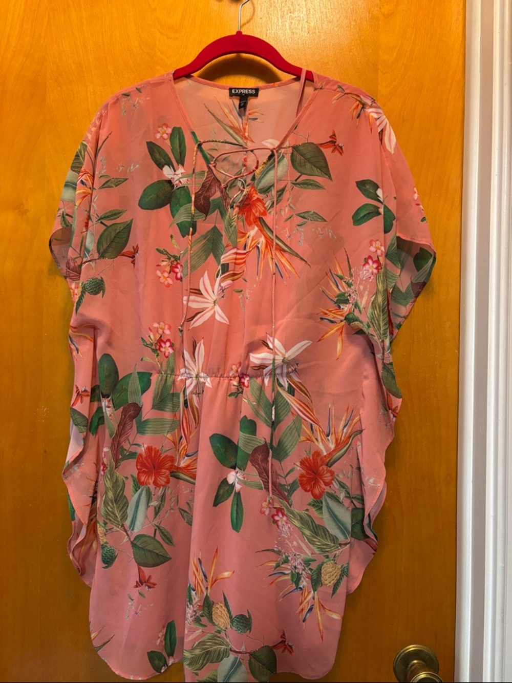 Express Coral Pink Tropical Tie-Neck Tunic